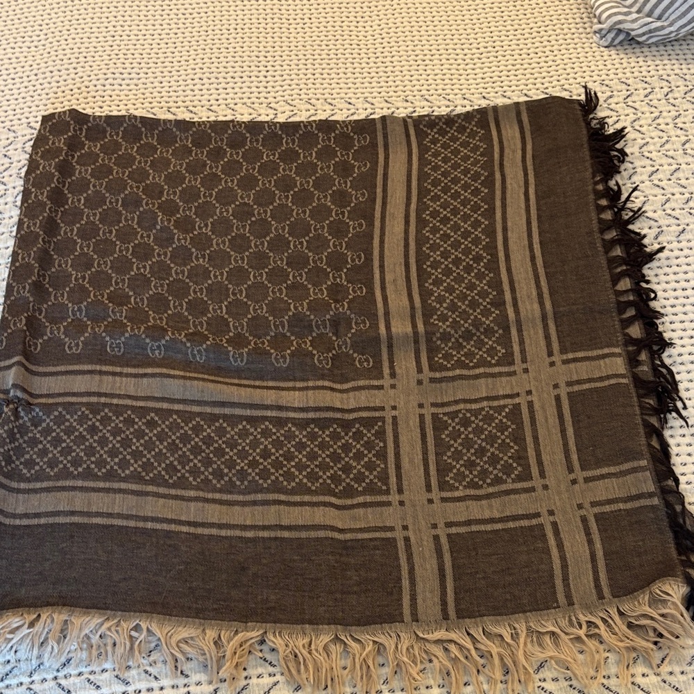 Gucci Brown Patterned Scarf with Fringe